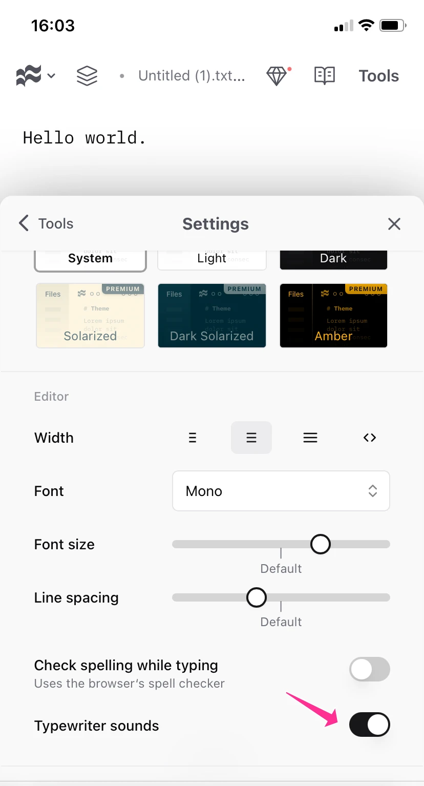 Typewriter sounds setting in I Write Like on iOS