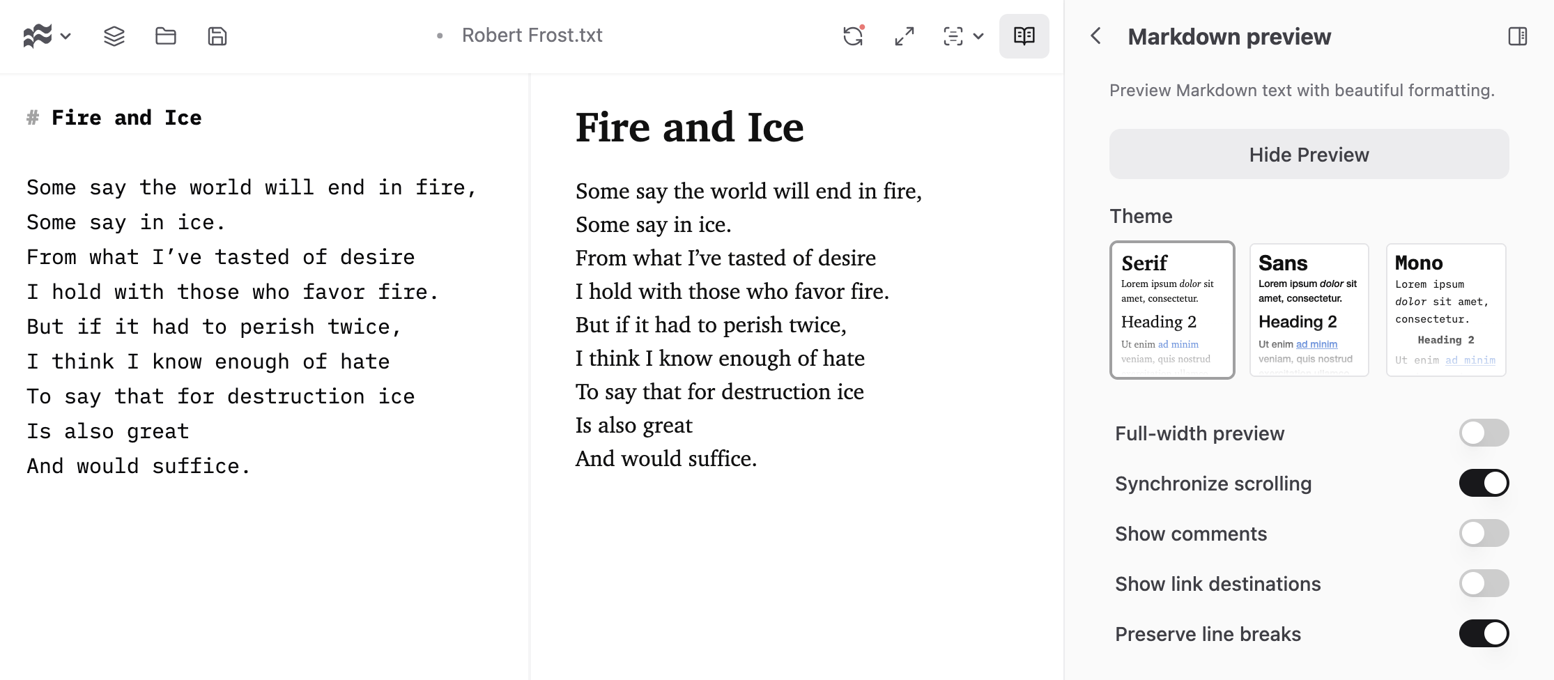 A poem demonstrating the preserve line breaks option in IWL